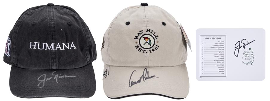Lot of (3) Jack Nicklaus & Arnold Palmer Single Signed Caps With Jack Nicklaus Signed Scorecard (Beckett)